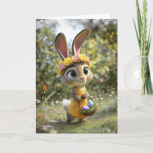 Cute Easter Bunny w/ Flower Crown & Basket of Eggs Card