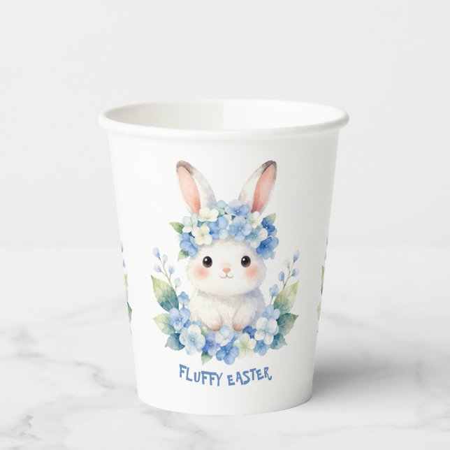 Cute Easter Bunny Watercolor with Hydrangea Paper Cups (Left)