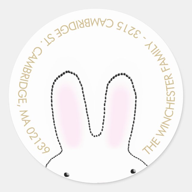Cute Easter bunny white gold fun address Classic Round Sticker (Front)