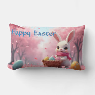 Cute Easter Bunny with Basket of Colourful Eggs Lumbar Pillow
