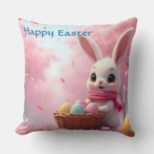 Cute Easter Bunny with Basket of Colourful Eggs Throw Pillow