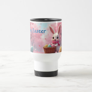 Cute Easter Bunny with Basket of Colourful Eggs Travel Mug