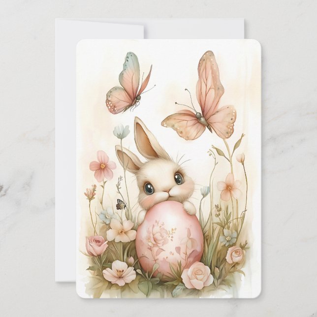 Cute Easter Bunny with Butterflies & Flowers Holiday Card (Front)