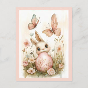 Cute Easter Bunny with Butterflies & Flowers Holiday Postcard