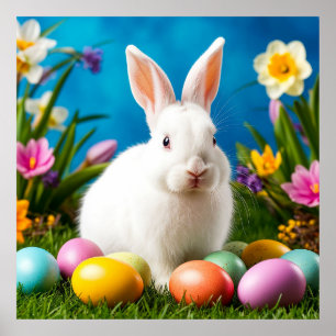 Cute Easter Bunny with Colorful Eggs Poster