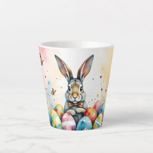 Cute Easter Bunny with Colorful Painted Eggs Latte Mug