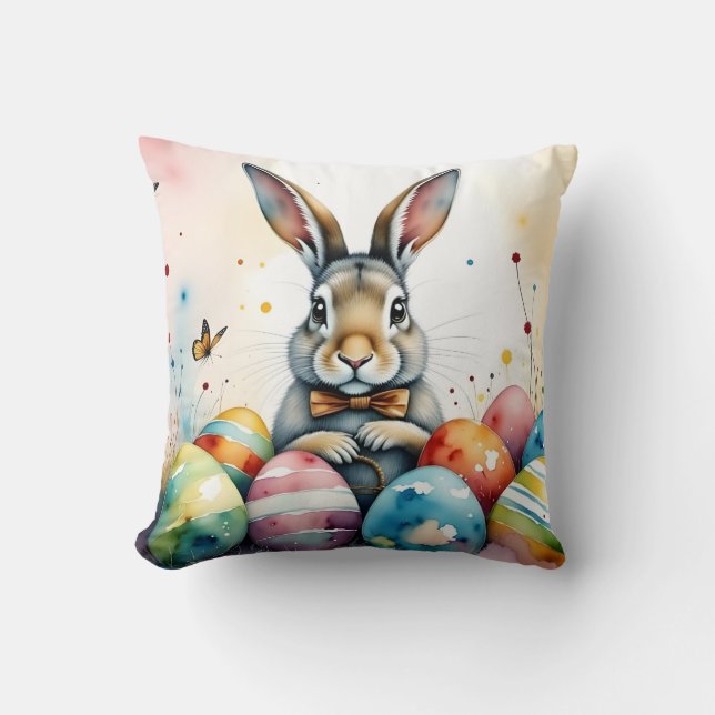 Cute Easter Bunny with Colorful Painted Eggs Throw Pillow (Front)