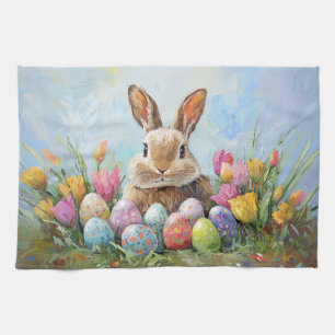 Cute Easter Bunny with Coloured Eggs Kitchen Towel