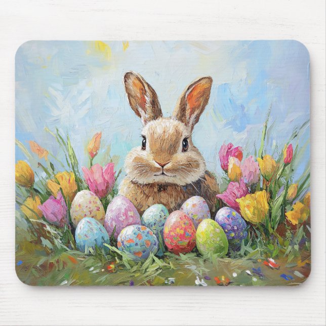 Cute Easter Bunny with Coloured Eggs Mouse Pad (Front)