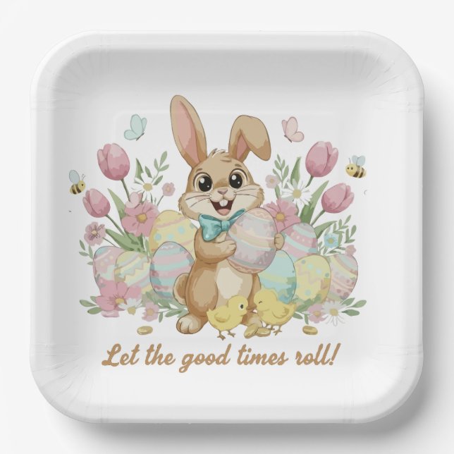 Cute Easter Bunny with Colourful Eggs and Spring  Paper Plate (Front)