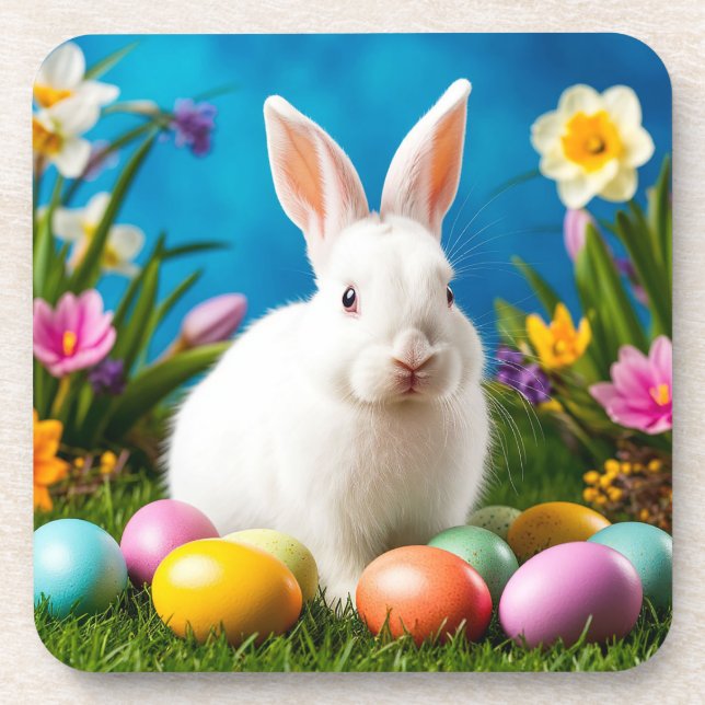Cute Easter Bunny with Colourful Eggs Coaster (Front)