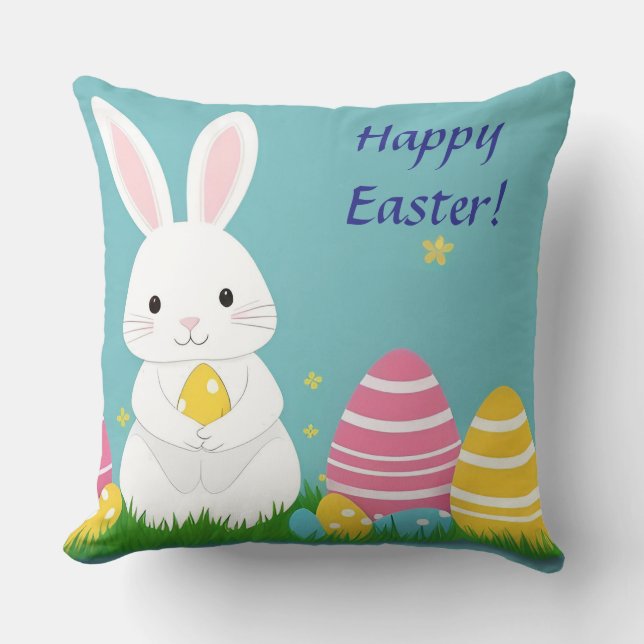 Cute Easter Bunny with Colourful Eggs Throw Pillow (Front)