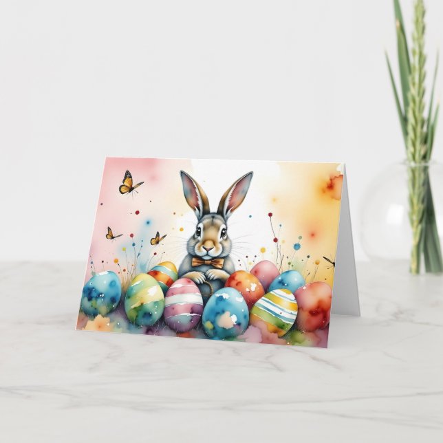 Cute Easter Bunny with Colourful Painted Eggs Card (Front)