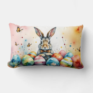 Cute Easter Bunny with Colourful Painted Eggs Lumbar Pillow