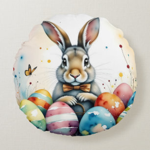 Cute Easter Bunny with Colourful Painted Eggs Round Pillow