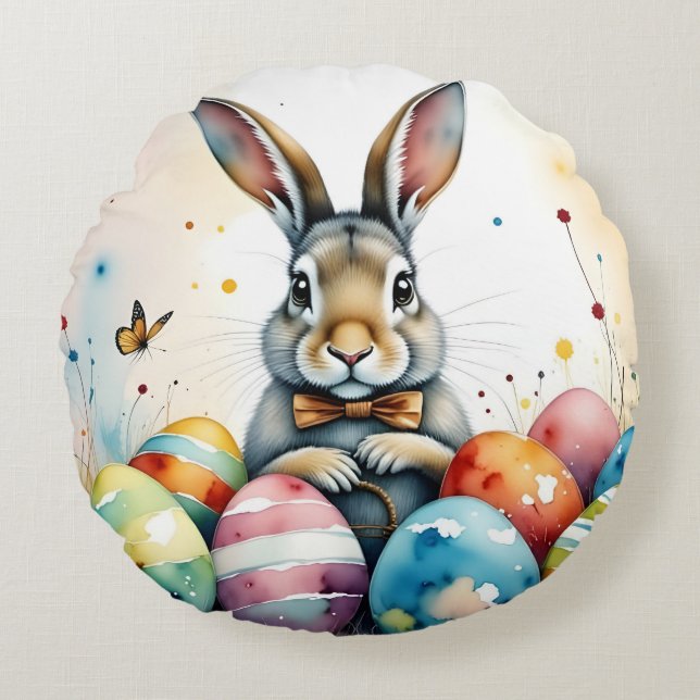 Cute Easter Bunny with Colourful Painted Eggs Round Pillow (Front)