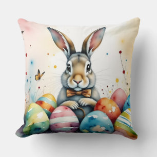 Cute Easter Bunny with Colourful Painted Eggs Throw Pillow