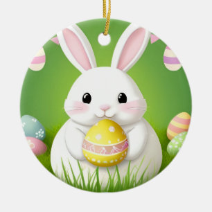Cute Easter Bunny With Decorative Eggs Ceramic Ornament