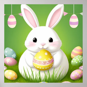 Cute Easter Bunny With Decorative Eggs Poster