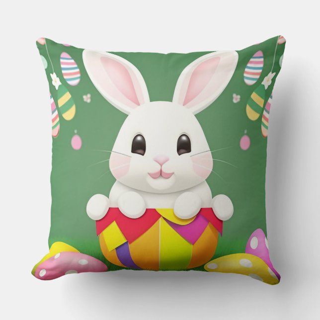 Cute Easter Bunny With Decorative Eggs Throw Pillow (Front)