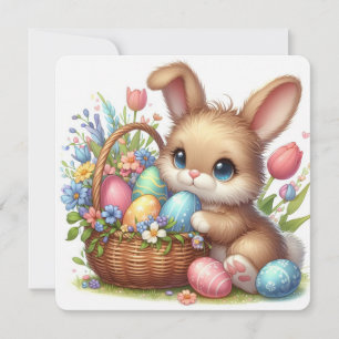 Cute Easter Bunny with Eggs, Flowers and Basket Holiday Card
