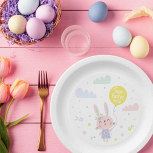 Cute Easter Bunny with flowers, clouds and balloon Paper Plate