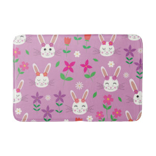 Cute Easter Bunny with red pink purple flowers  Bath Mat