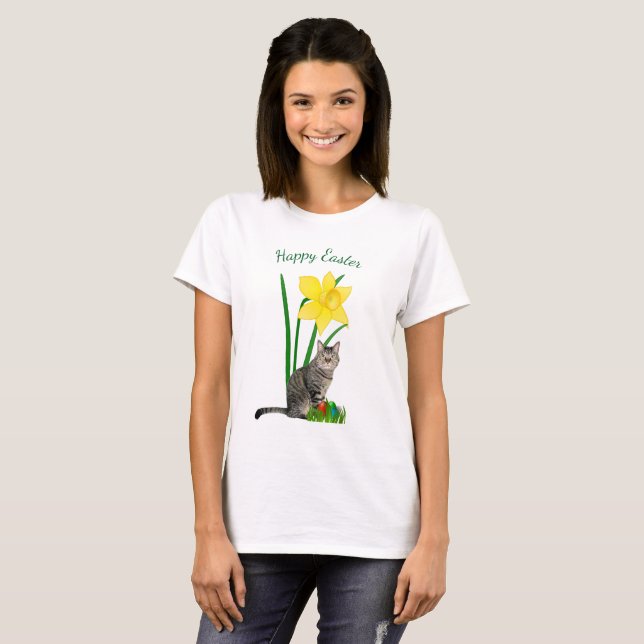 Cute Easter Cat and Daffodils White T-Shirt (Front Full)