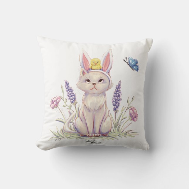 Cute Easter Cat with Chick Illustration pillow (Front)