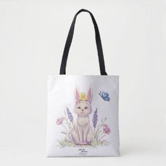 Cute Easter Cat with Chick Illustration Tote Bag