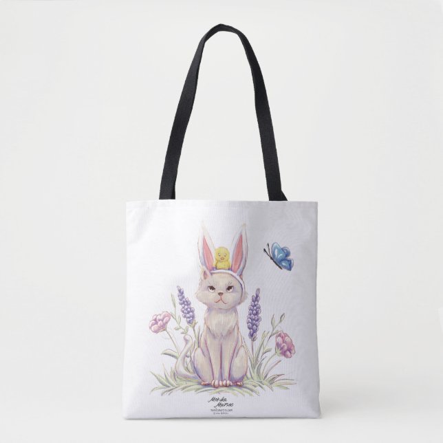 Cute Easter Cat with Chick Illustration Tote Bag (Devant)