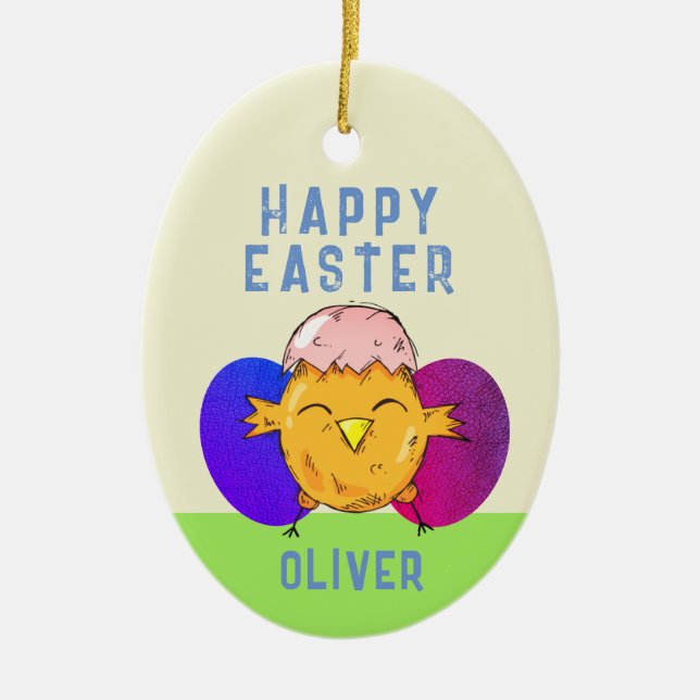 Cute Easter Chick and Eggs Happy Easter Ceramic Ornament (Front)