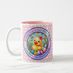 Cute Easter Chick, Flowers, and Colorful Eggs Two-Tone Coffee Mug