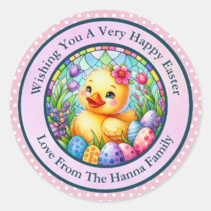 Cute Easter Chick, Flowers, and Colourful Eggs Classic Round Sticker