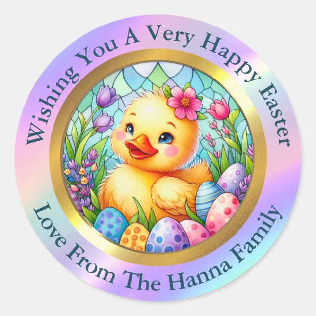 Cute Easter Chick, Flowers, and Colourful Eggs Classic Round Sticker (Front)