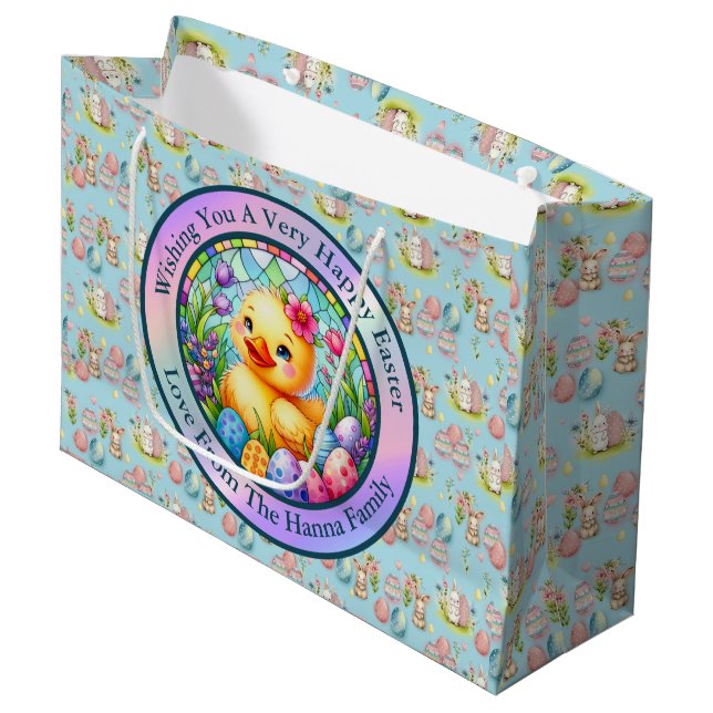 Cute Easter Chick, Flowers, and Colourful Eggs Large Gift Bag (Front Angled)