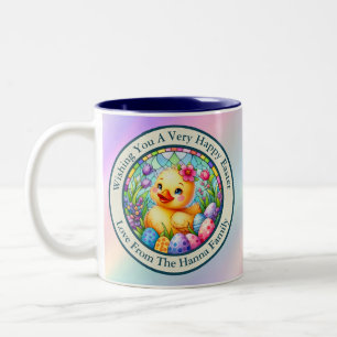 Cute Easter Chick, Flowers, and Colourful Eggs Two-Tone Coffee Mug