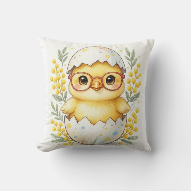 Cute Easter Chick Glasses Mimosa Bloom Throw Pillow (Front)