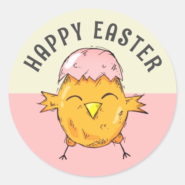 Cute Easter Chick with Eggshell Drawing   Classic Round Sticker (Front)