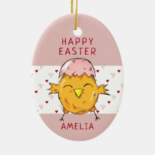 Cute Easter Chick with Eggshell Heart Happy Easter Ceramic Ornament
