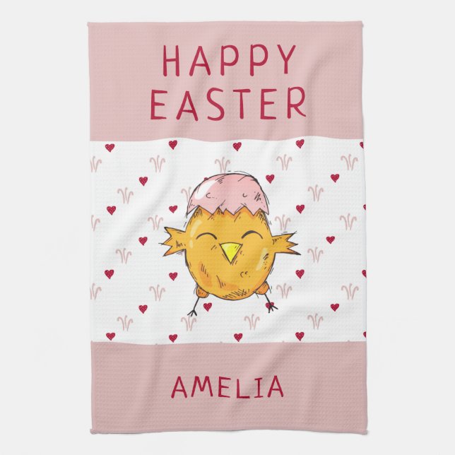 Cute Easter Chick with Eggshell Heart Happy Easter Kitchen Towel (Vertical)