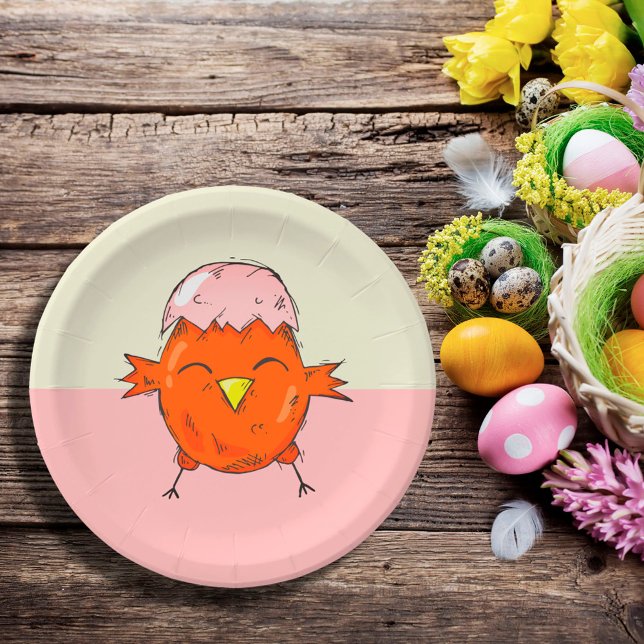 Cute Easter Chick with Eggshell on Head Paper Plate (Creator Uploaded)