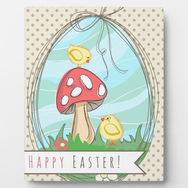 Cute Easter chick with mushroom Happy Easter Plaque (Front)