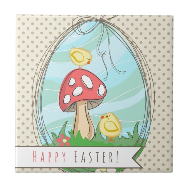 Cute Easter chick with mushroom Happy Easter Tile (Front)