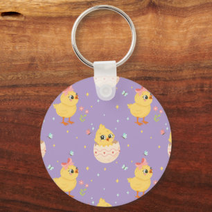 Cute Easter Chick with Pink Bow Seamless Pattern Keychain
