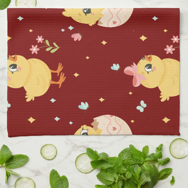 Cute Easter Chick with Pink Bow Seamless Pattern  Kitchen Towel (Folded)