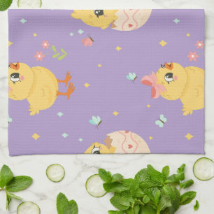 Cute Easter Chick with Pink Bow Seamless Pattern  Kitchen Towel