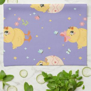 Cute Easter Chick with Pink Bow Seamless Pattern  Kitchen Towel