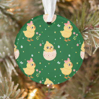 Cute Easter Chick with Pink Bow Seamless Pattern Ornament