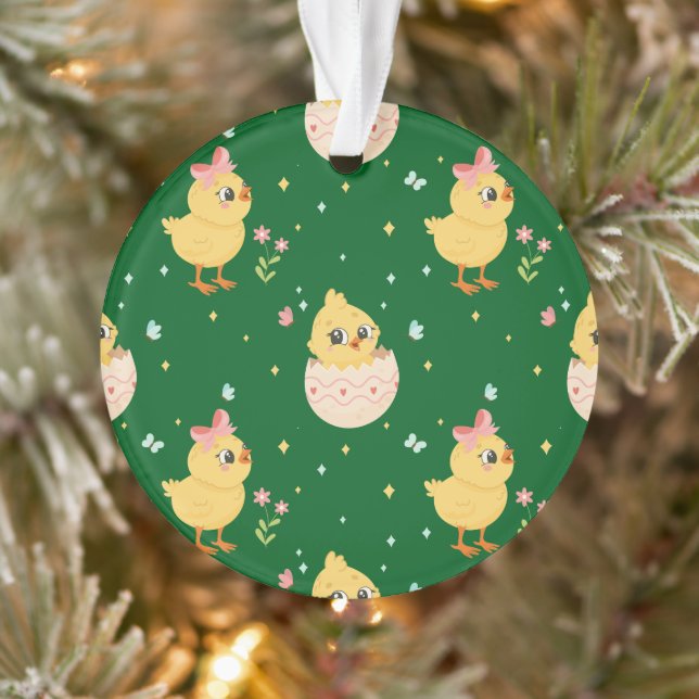 Cute Easter Chick with Pink Bow Seamless Pattern  Ornament (Tree)